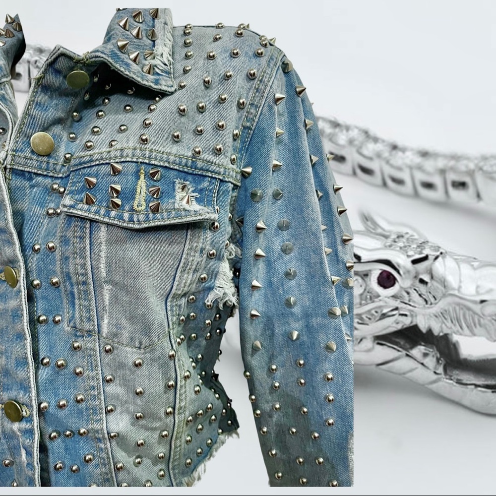 Studded Spike Distressed Frayed Denim Jean Moto Jacket - Picture 3 of 9